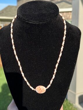 Handmade Pink and Cream Beaded whit natural stone Pendant Necklace